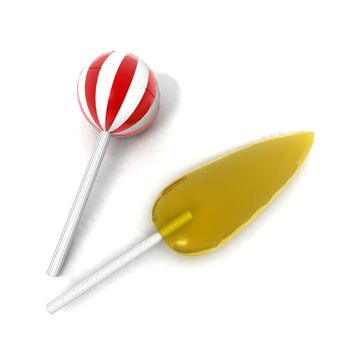 a 3d rendering of a yellow and a red and white striped lollipops