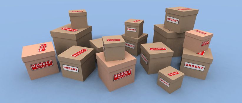 a 3d render of some urgent and fragile packages