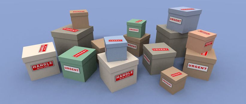 a 3d render of some urgent and fragile packages