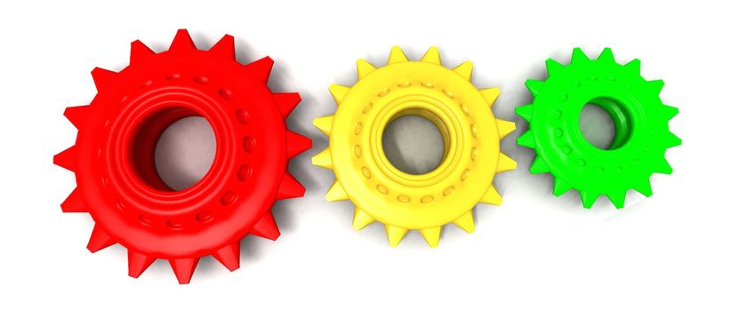 a 3d render of a few colored gears