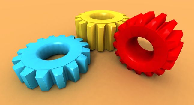 a 3d render of a few colored gears