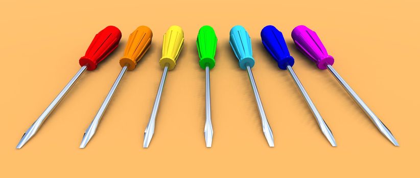 a 3d render of some colored screwdrivers