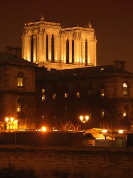 Towers of the parisian Notre-Dame cathedral by night