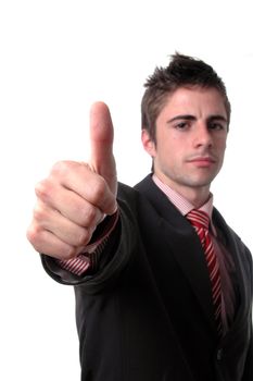 young businessman showing thumb up isolated over white background