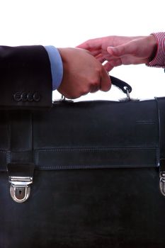 two hands holding one folder over white background