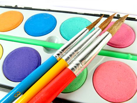 Watercolor box and paintbrushes on a white background