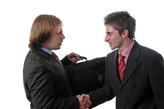 trendy European businessmans handshake and holding one folder
