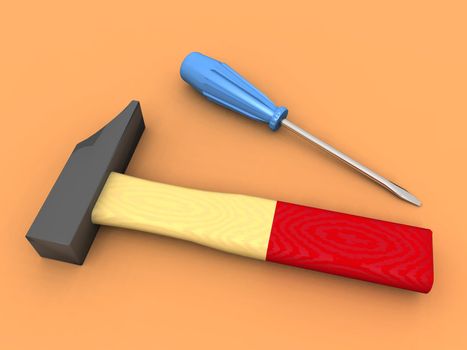 a 3d render of a hammer and screwdriver and a screwdriver
