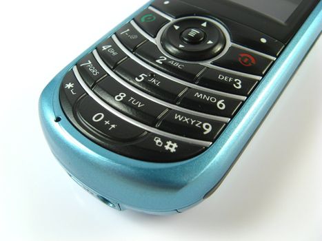 close-up of a blue phone on a white background