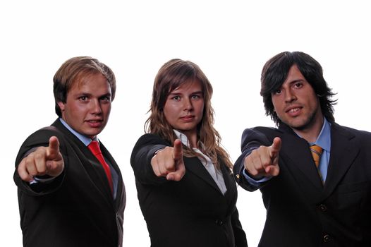 young businessteam pointingto front ove white background
