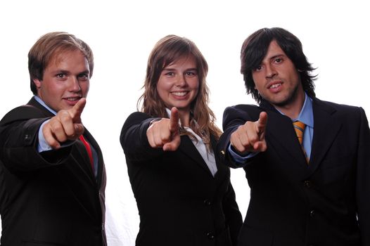 young businessteam pointing to front over white background