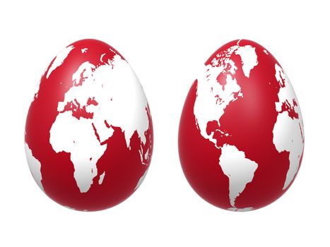 two 3d red eggs with earth texture over white background, isolated