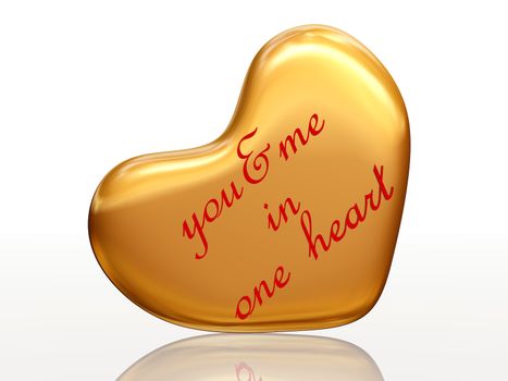 3d golden heart, red letters, text - you & me in one heart , isolated