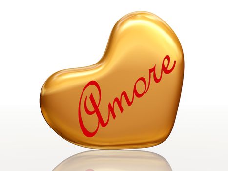 3d golden heart, red letters, text - Amore, isolated