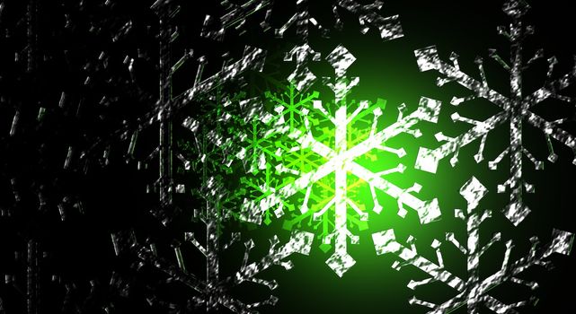 Illustration of icy snow flakes over a green background.