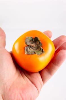 Persimmon in a man's hand removed close up on a white background without isolation