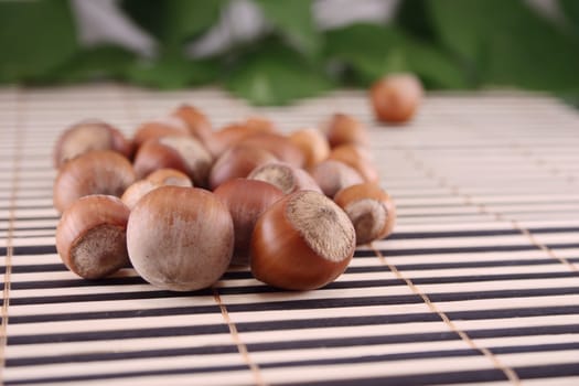 Wood nuts removed on a wooden napkin