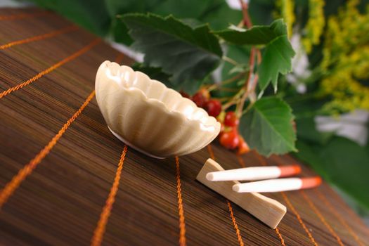 Cup and chopsticks on a wooden napkin against plants