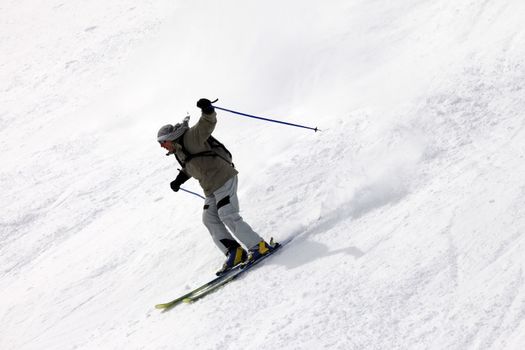 Skier on top of the mountain. Cheget Mount. Russia. Caucasus.