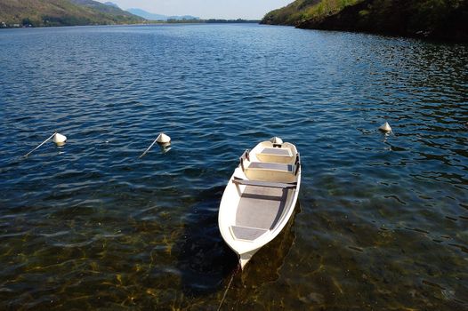 white small boat docked at the lake