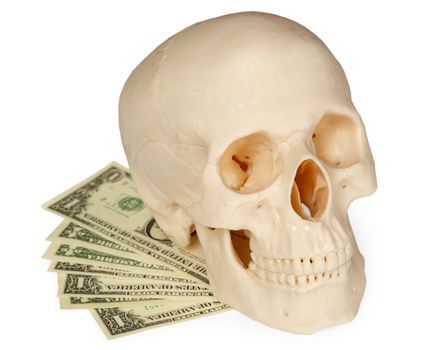 The human skull lying on a pack of money isolated on a white background