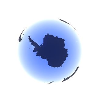 A globe rendered in a soft blue gel looking up at the South Pole