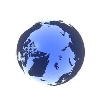 A globe rendered in a soft blue gel looking down at the north pole