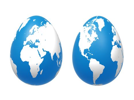 two 3d blue eggs with earth texture over white background, isolated