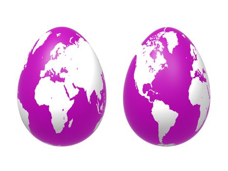 two 3d violet, purple eggs with earth texture over white background, isolated