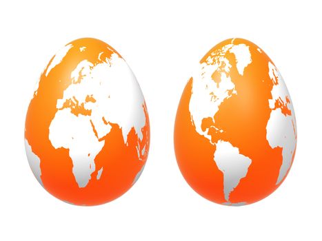 two 3d orange eggs with earth texture over white background, isolated