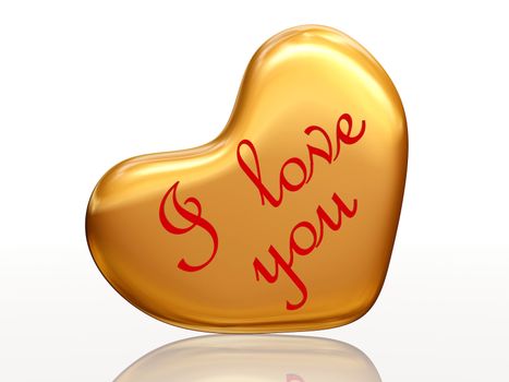 3d golden heart, red letters, text - I love you, isolated