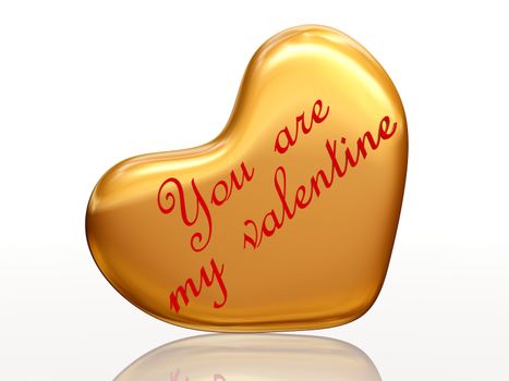 3d golden heart, red letters, text - You are my valentine, isolated