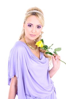 young beautiful blonde with violet make-up and yellow rose
