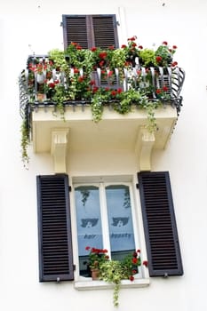 The window of a beauty salon decorated by flowers, with an inscription on glass "hair and beauty". Photo taken in Italy