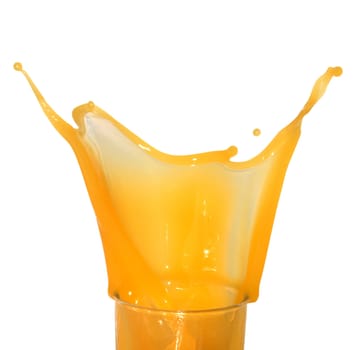 Closeup of splashing orange juice isolated on white background with clipping path