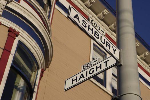 street signs at the corner of Haight and Ashberry, the �center� of the hippie revolution in the 1960s