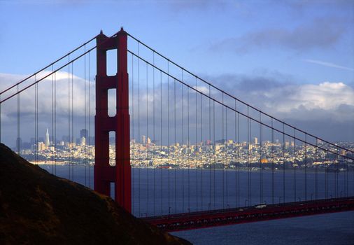 Golden Gate Bridge San Francisco California with view of the shoreline.
