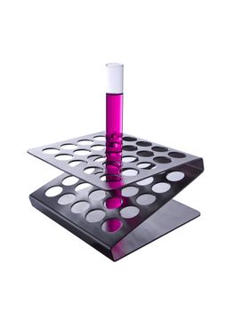 Test tube filled with a magenta liquid on a metallic rack. Isolated on white.