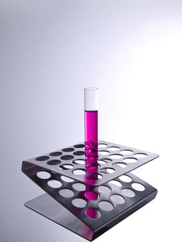 Metal rack with a single test tube filled with a magenta liquid.