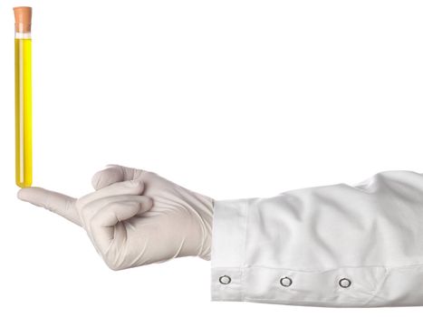 A doctor juggles with a test tube on his finger. Isolated on white.