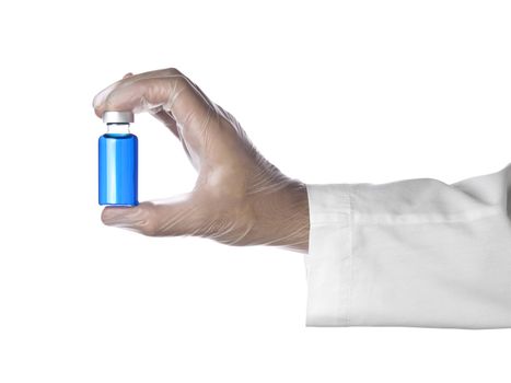 A doctor holds a vial full of blue liquid with his latex gloves on. Isolated on white.