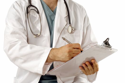 A male doctor or nurse carrying a medical chart wearing a lab coat and stethoscope.
