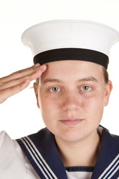 young female sailor saluting isolated on white