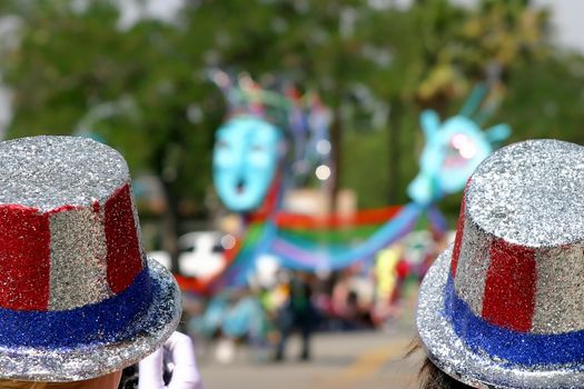 Two usa patriotic hats at a 4th o July parade in Ojai, California