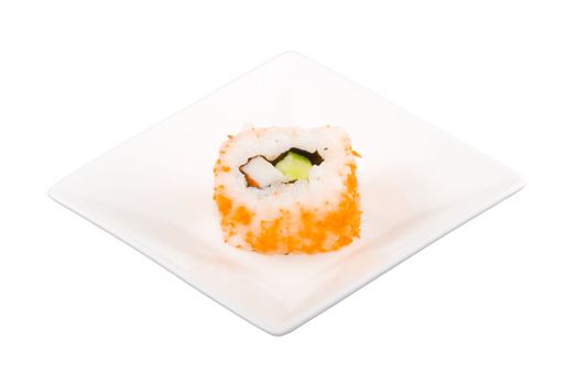 a square white plate with a piece of sushi