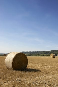 summer landscape with hay bales and deep blue skyscape