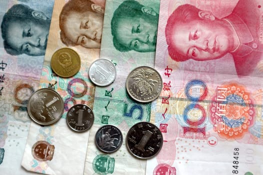 Chinese RMB currency, different banknotes and coins.