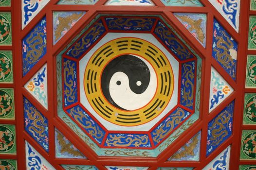 Colorful ceiling inside Chinese temple, showing popular Feng Shui sign, balance between wind and water.