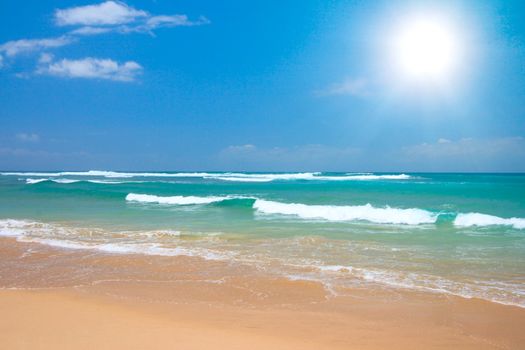 Peaceful beach scene with ocean and blue sky