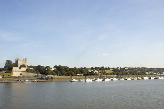 A view of Rochester Castle and Cathedral from across the river Madway